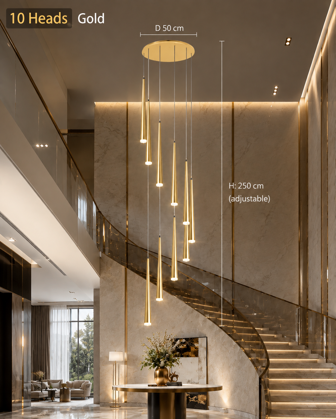 Modern LED Crystal Staircase Chandelier in Black & Gold