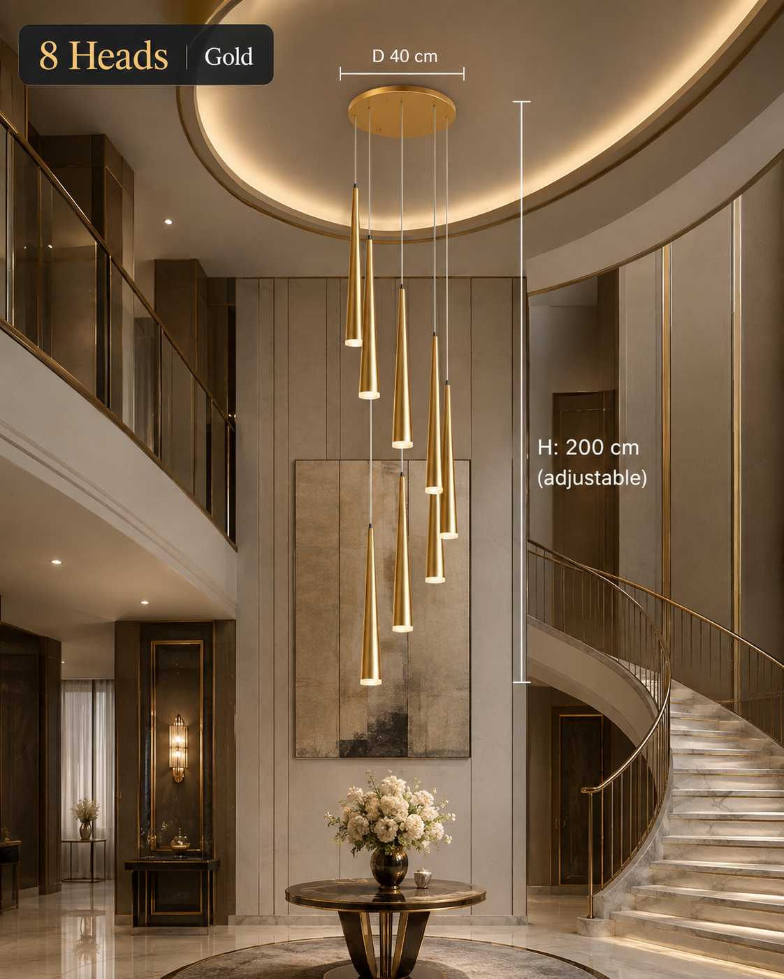 Modern LED Crystal Staircase Chandelier in Black & Gold