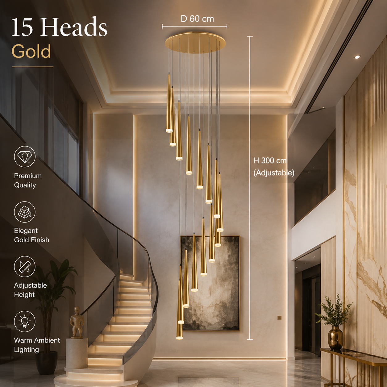 Modern LED Crystal Staircase Chandelier in Black & Gold