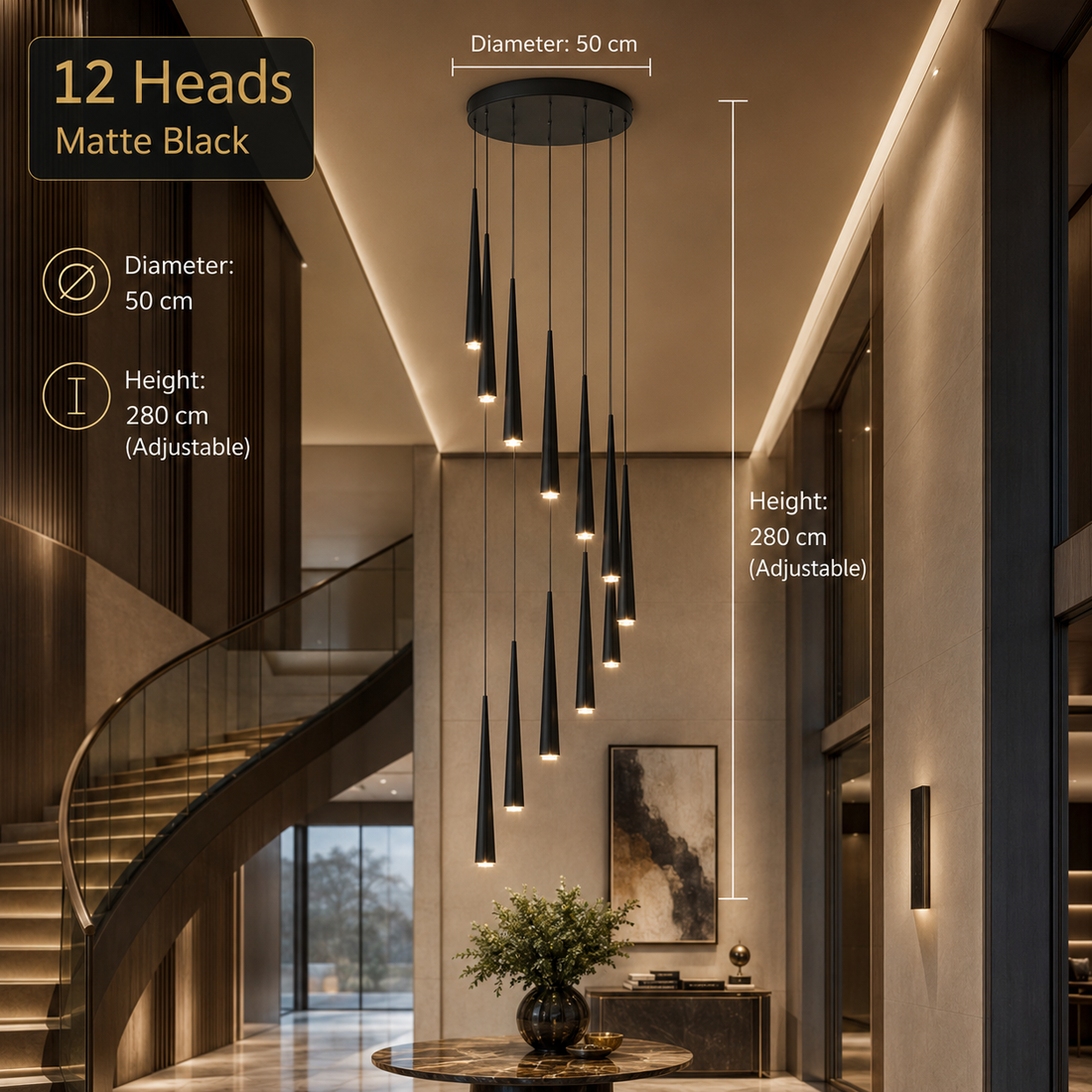 Modern LED Crystal Staircase Chandelier in Black & Gold