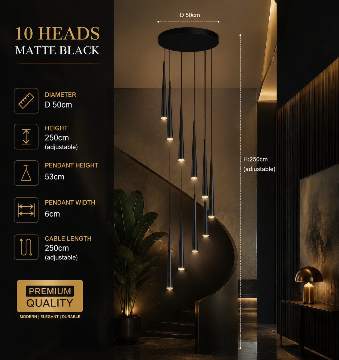 Modern LED Crystal Staircase Chandelier in Black & Gold