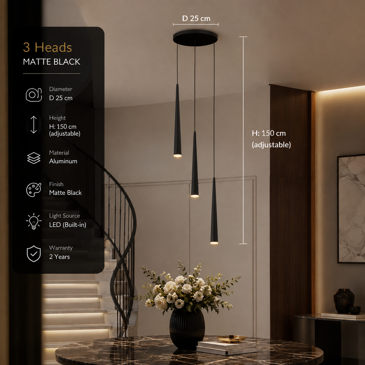 Modern LED Crystal Staircase Chandelier in Black & Gold
