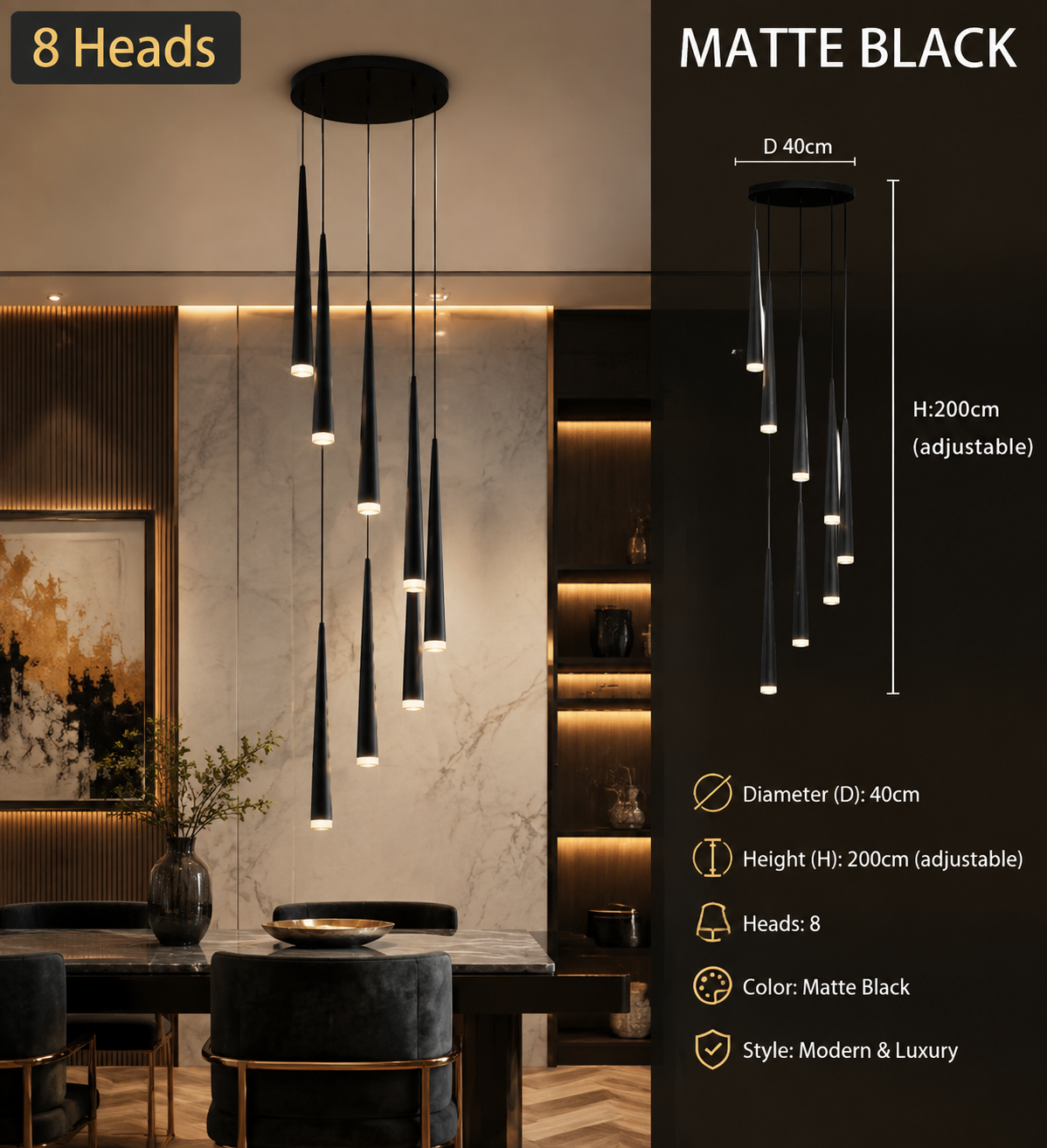 Modern LED Crystal Staircase Chandelier in Black & Gold