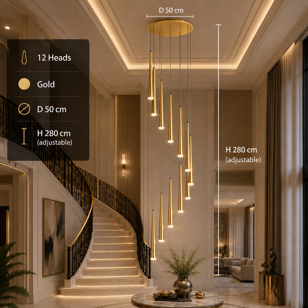 Modern LED Crystal Staircase Chandelier in Black & Gold