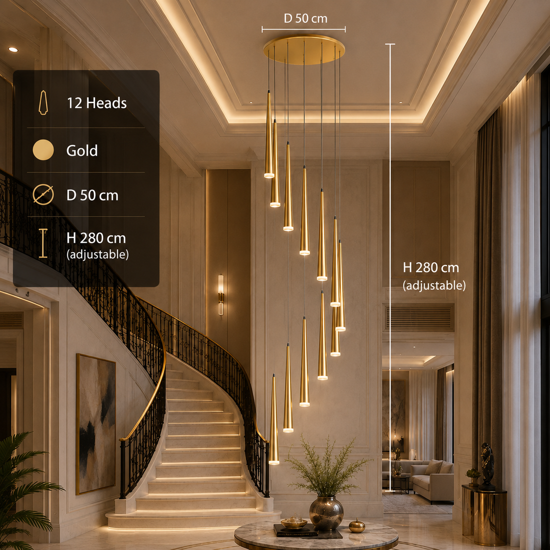 Modern LED Crystal Staircase Chandelier in Black & Gold