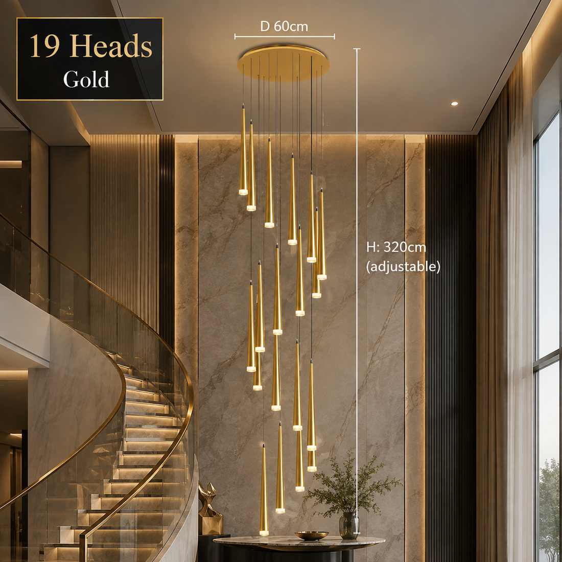 Modern LED Crystal Staircase Chandelier in Black & Gold
