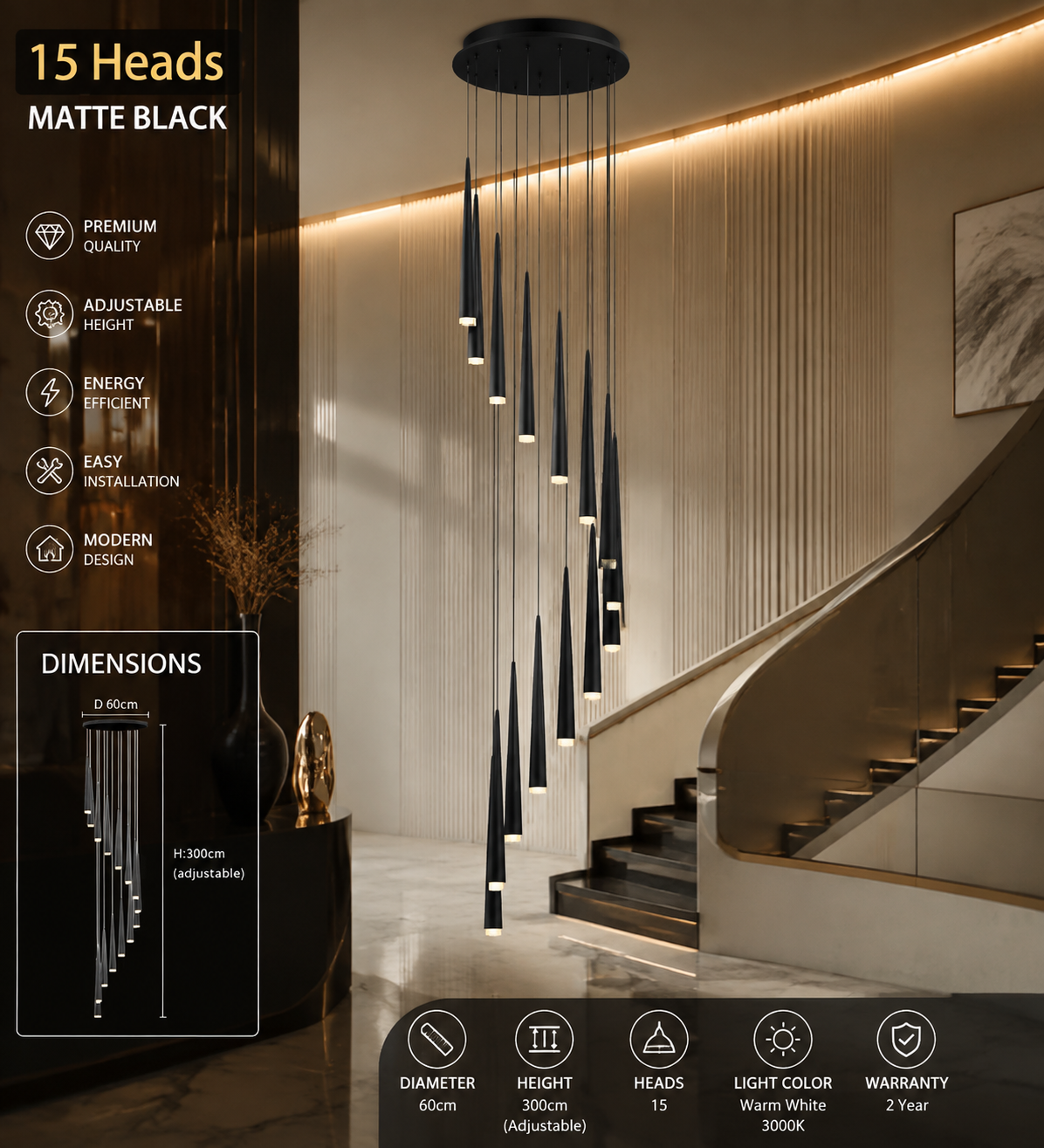 Modern LED Crystal Staircase Chandelier in Black & Gold