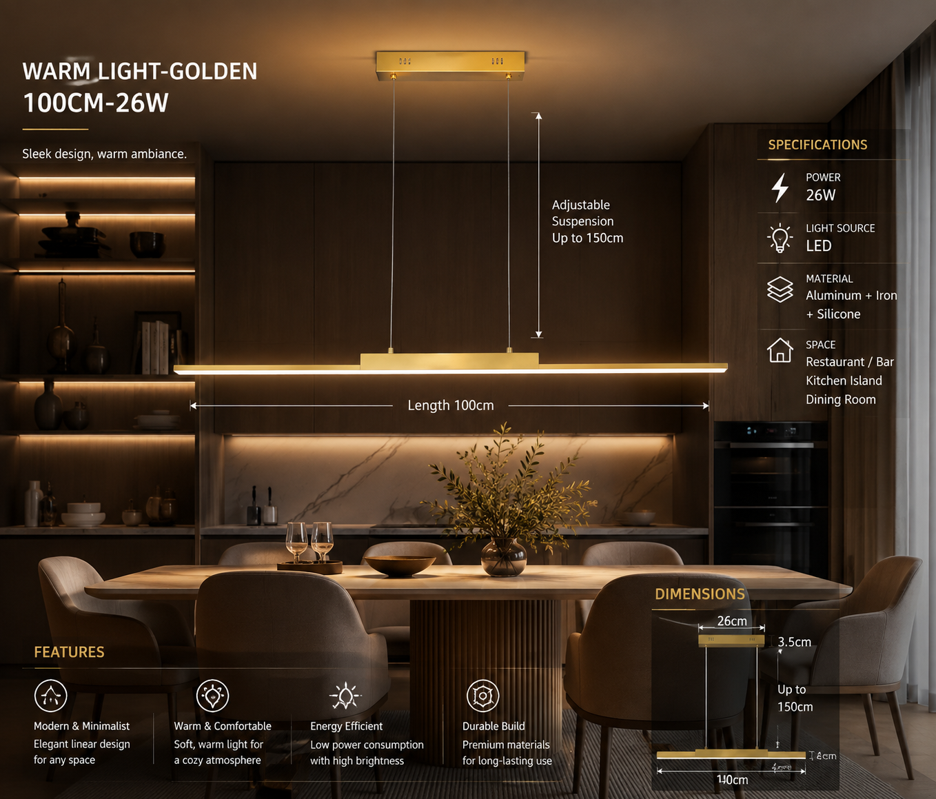 100CM Black & Gold Long Chandelier Pendant Light for Dining Room & Kitchen