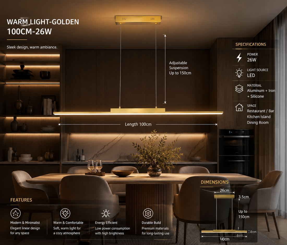 100CM Black & Gold Long Chandelier Pendant Light for Dining Room & Kitchen