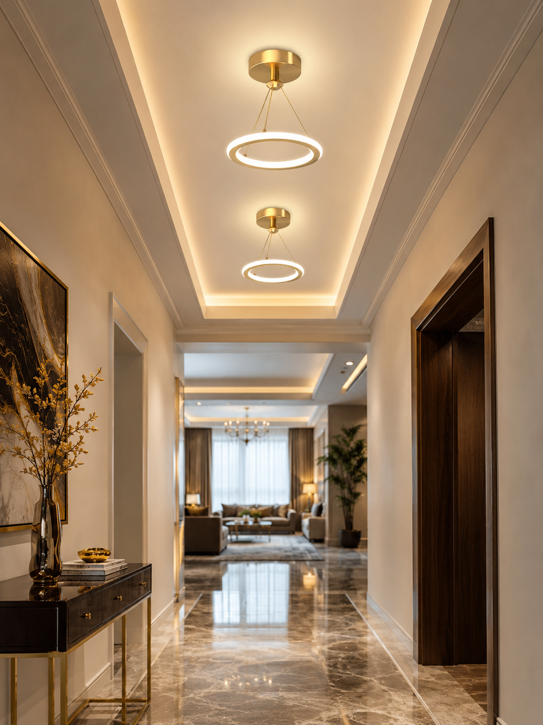 Modern LED Semi-Flush Chandelier | Black & Gold | SMD LED | 3 Color Temps | Corridor & Living Room