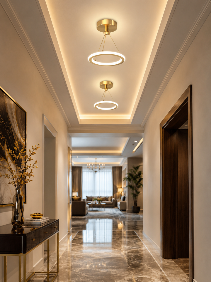 Modern LED Semi-Flush Chandelier | Black & Gold | SMD LED | 3 Color Temps | Corridor & Living Room