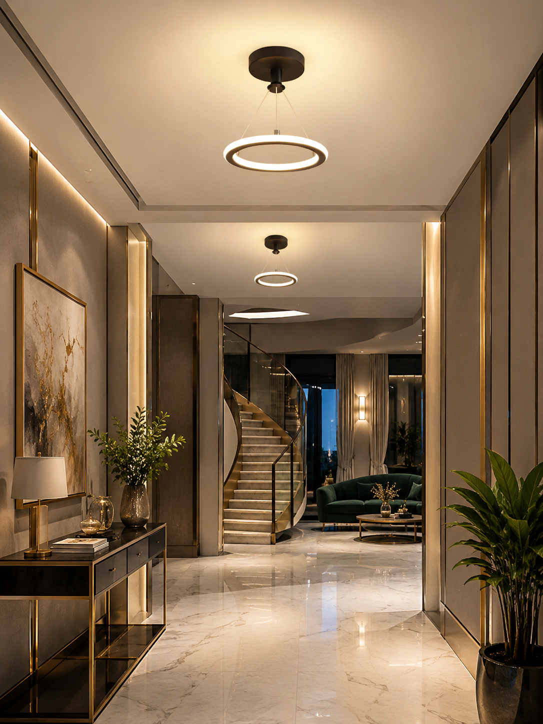 Modern LED Semi-Flush Chandelier | Black & Gold | SMD LED | 3 Color Temps | Corridor & Living Room