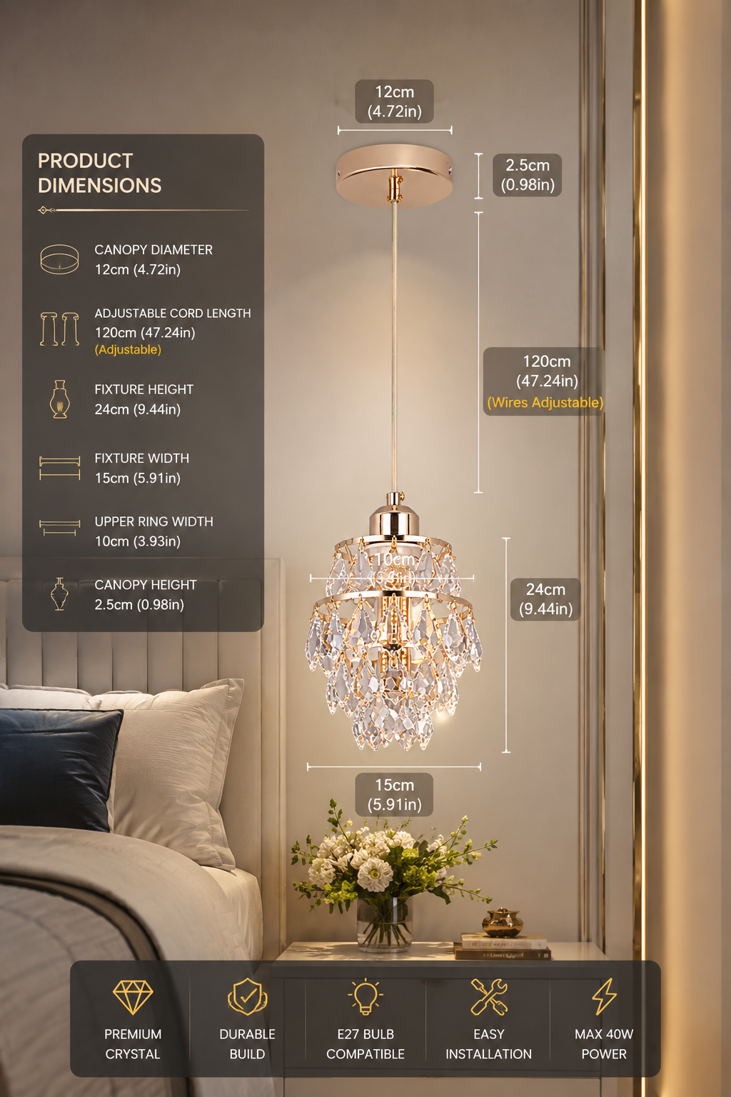 K9 Crystal Pendant Chandelier | E27 | Gold | Dimmable | Modern Luxury