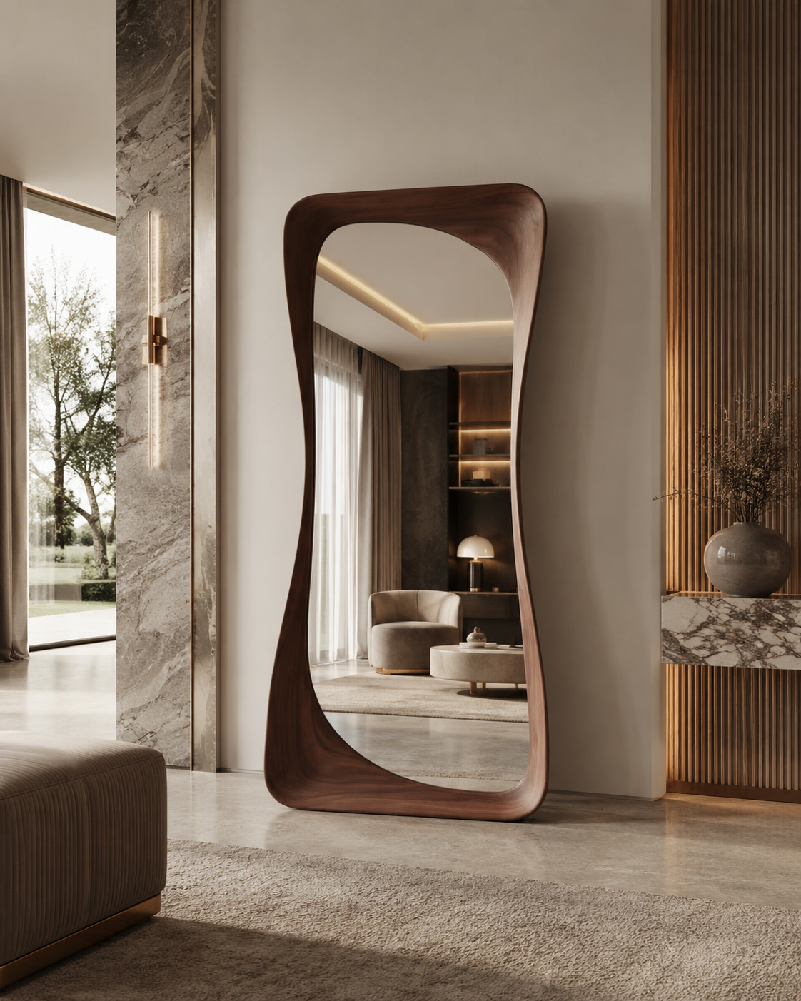 Oversized Curvy Wood Floor Mirror
