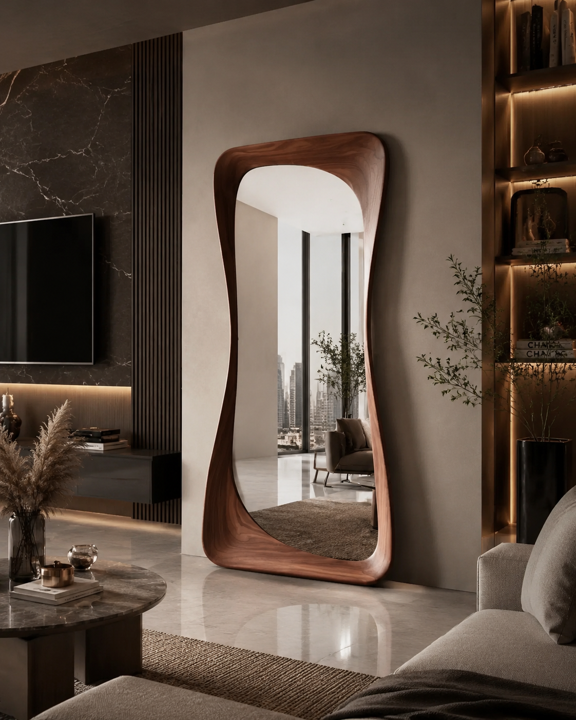 Oversized Curvy Wood Floor Mirror