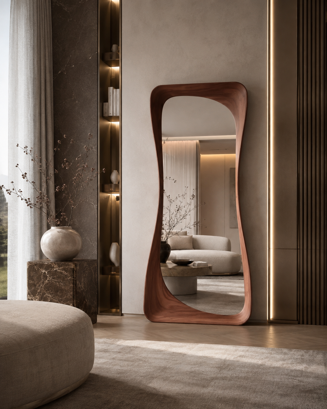 Oversized Curvy Wood Floor Mirror