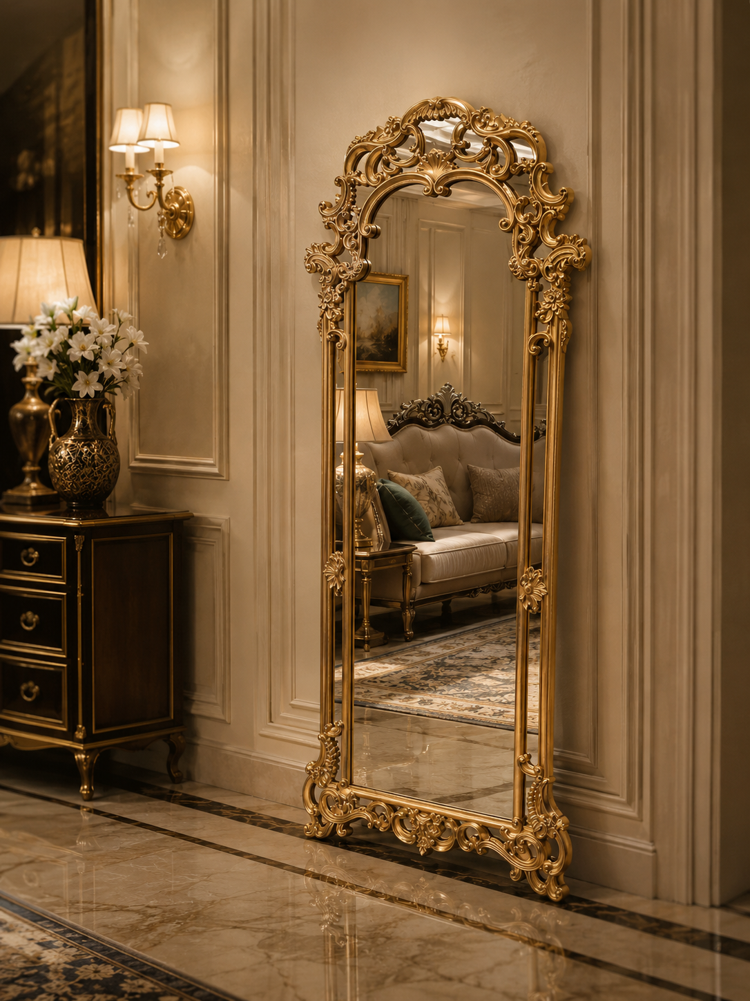 Ornate French-Style Full-Length Floor Mirror