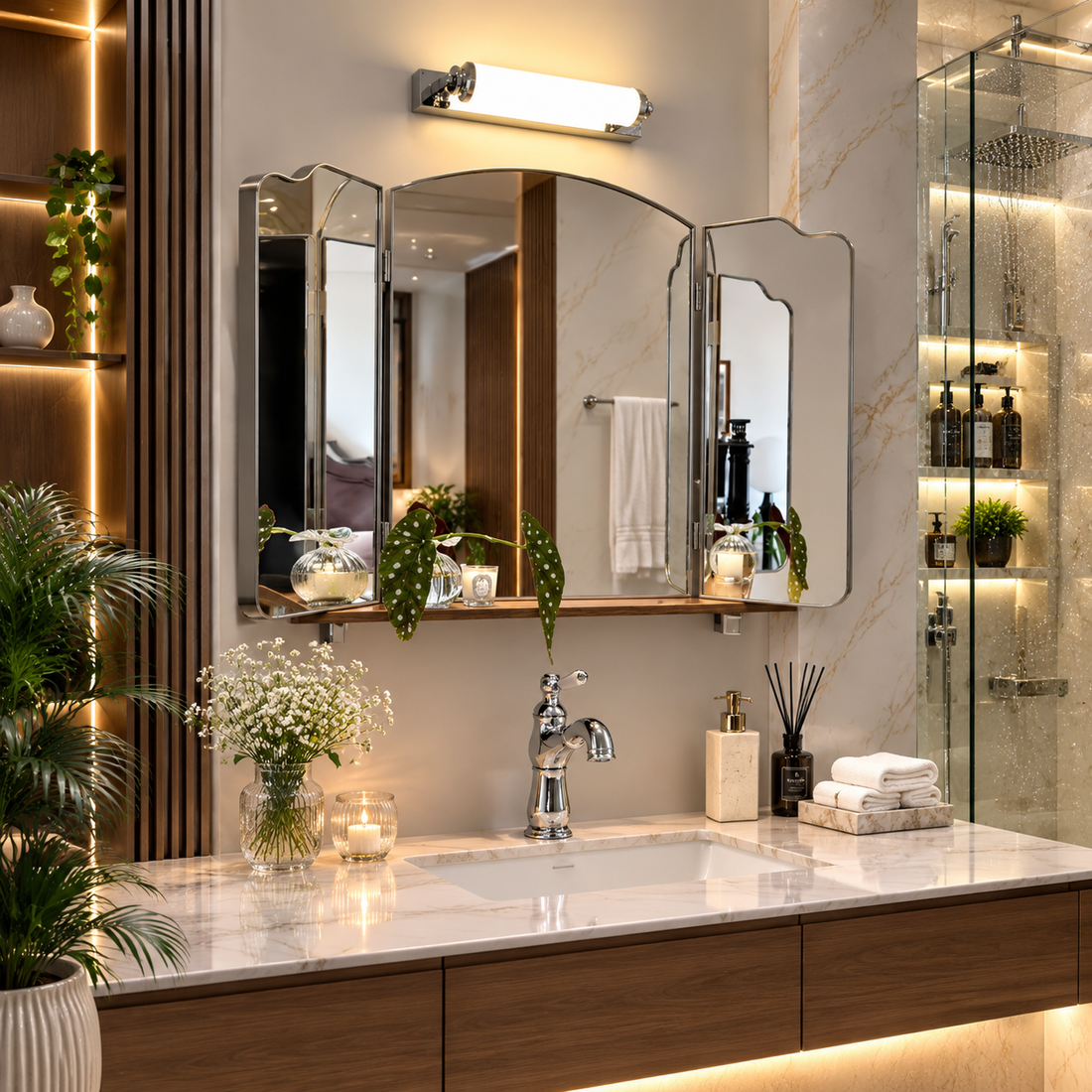 Triple-Fold Wall Mirror with Metallic Frame