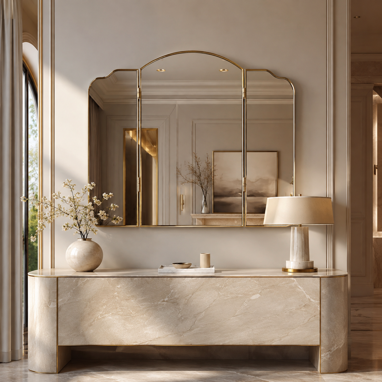 Triple-Fold Wall Mirror with Metallic Frame