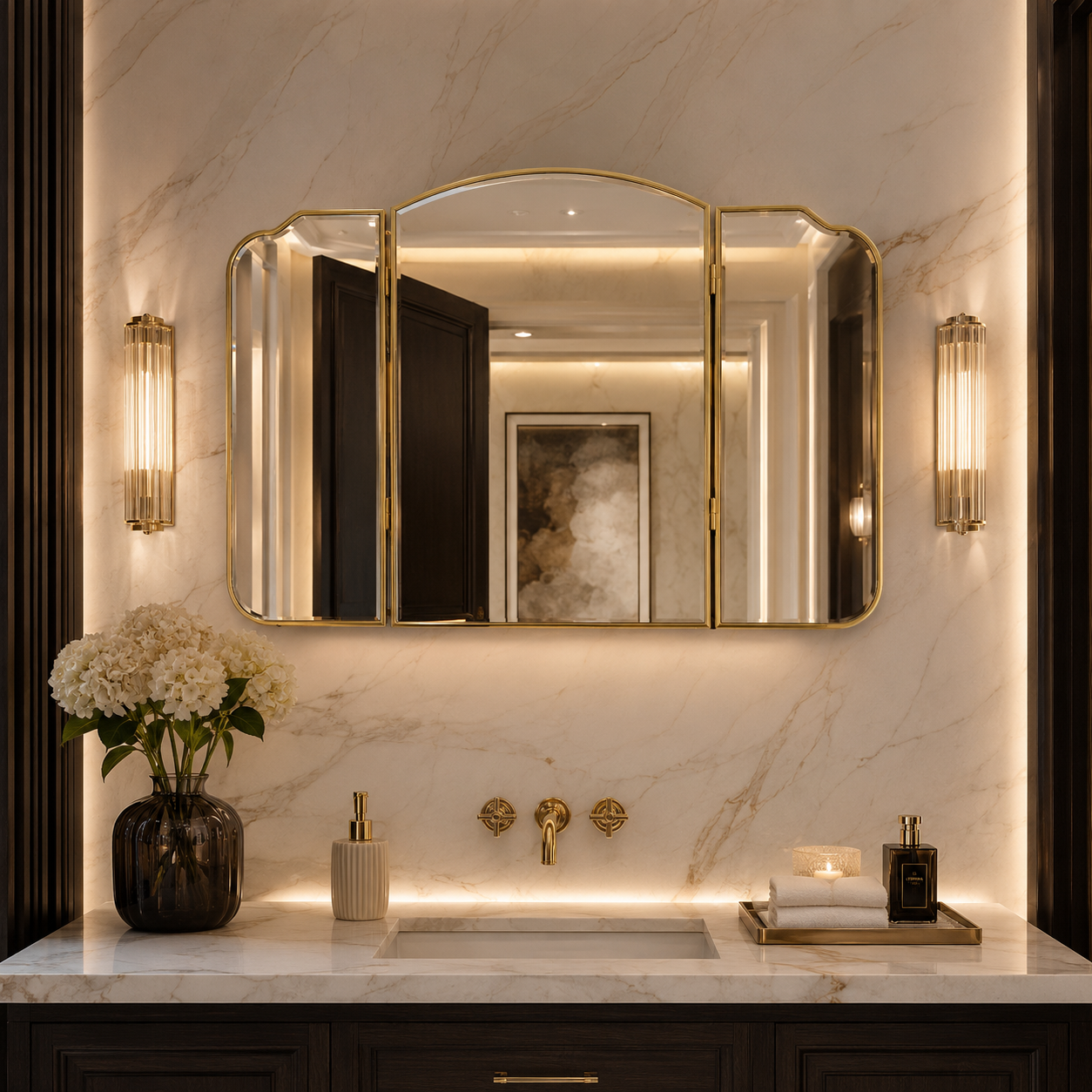 Triple-Fold Wall Mirror with Metallic Frame