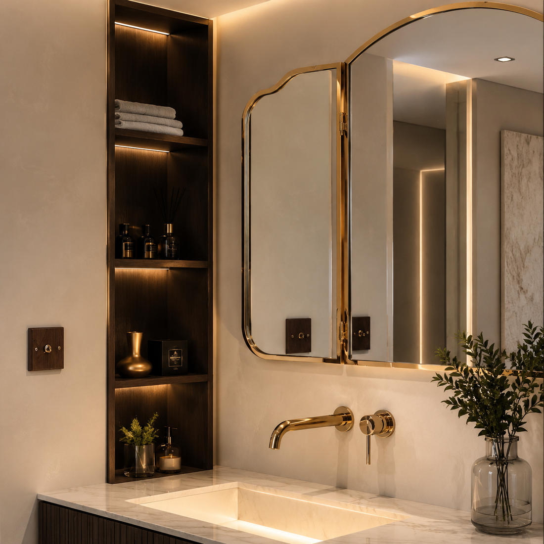 Triple-Fold Wall Mirror with Metallic Frame