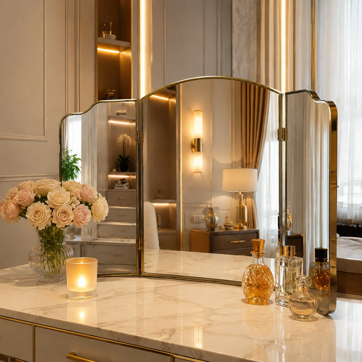 Triple-Fold Wall Mirror with Metallic Frame
