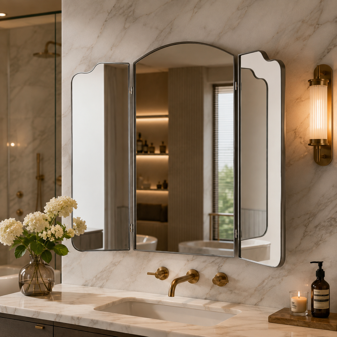 Triple-Fold Wall Mirror with Metallic Frame