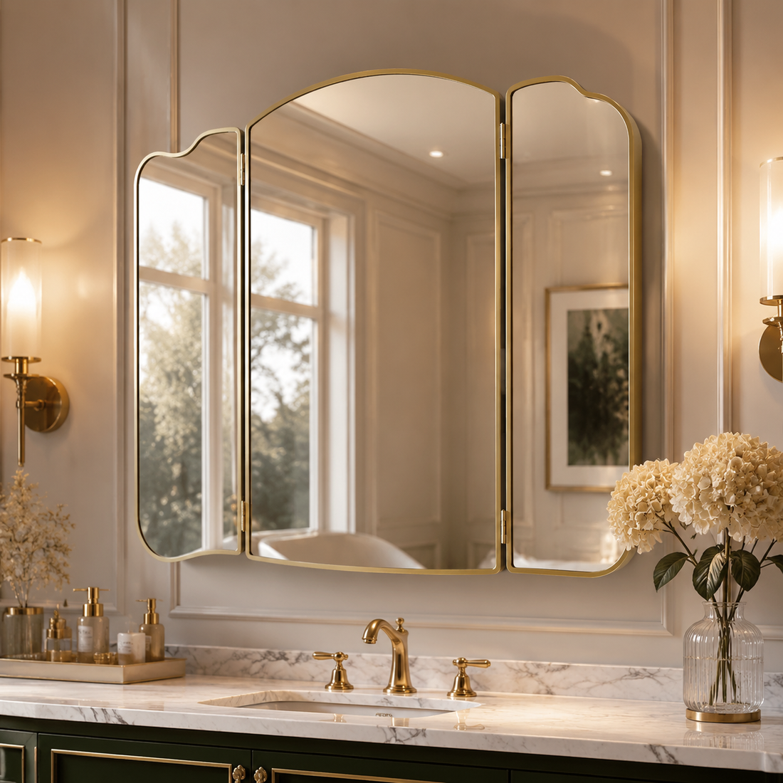 Triple-Fold Wall Mirror with Metallic Frame