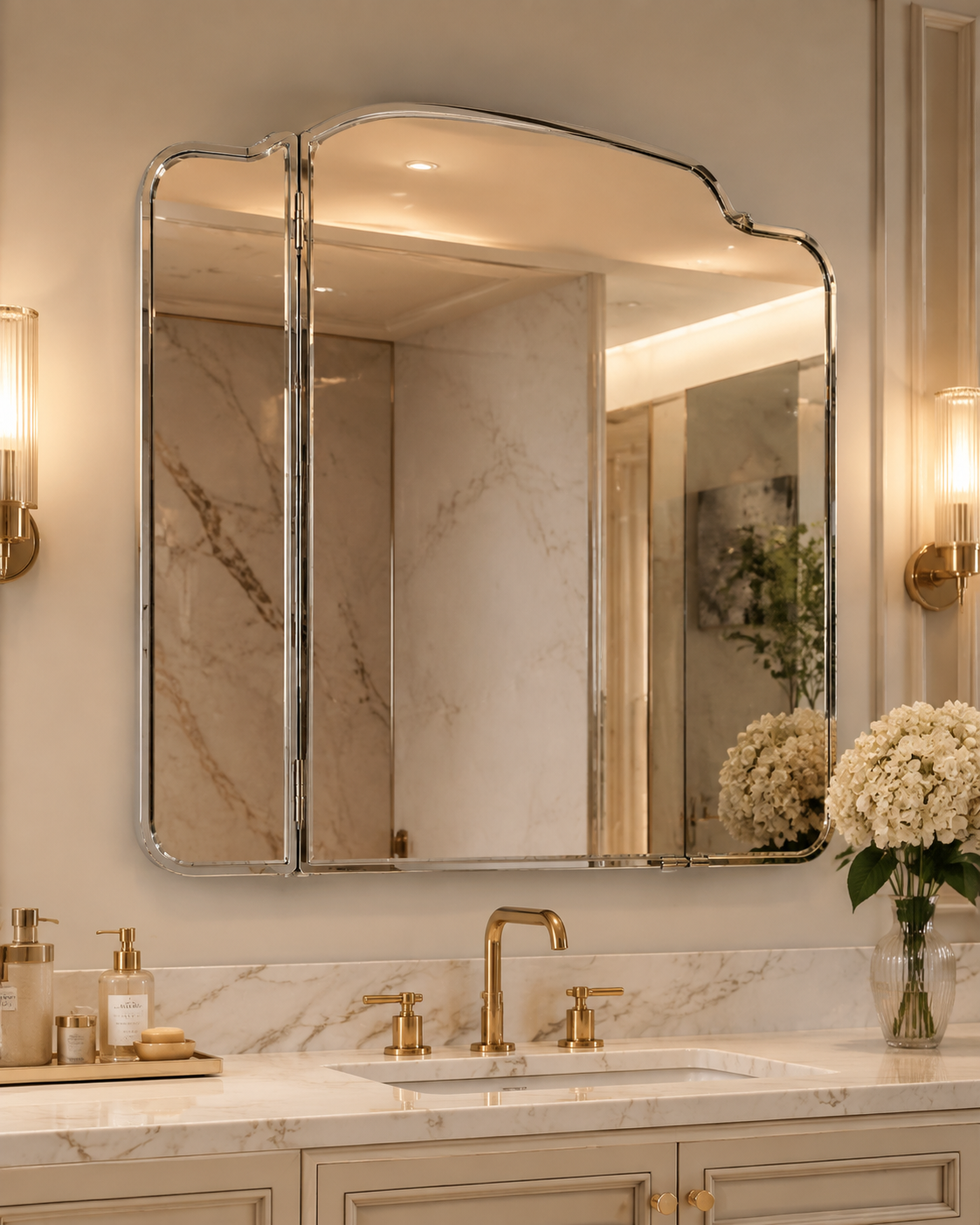 Triple-Fold Wall Mirror with Metallic Frame