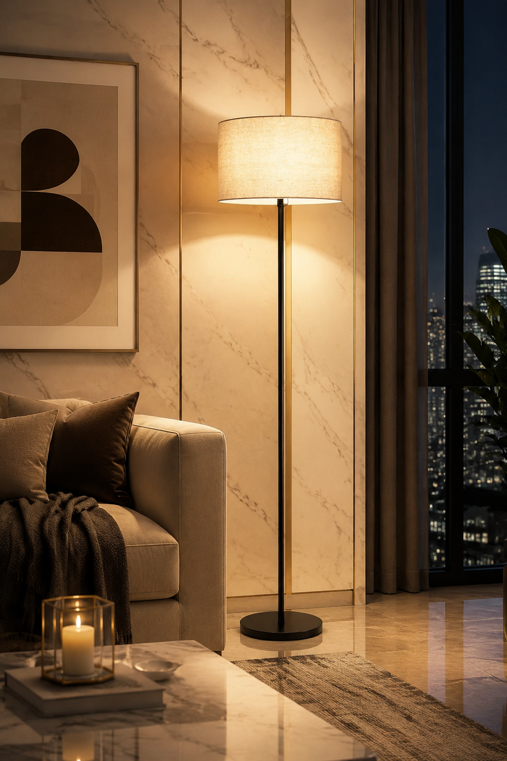Modern Fabric Shade Floor Lamp with Iron Base