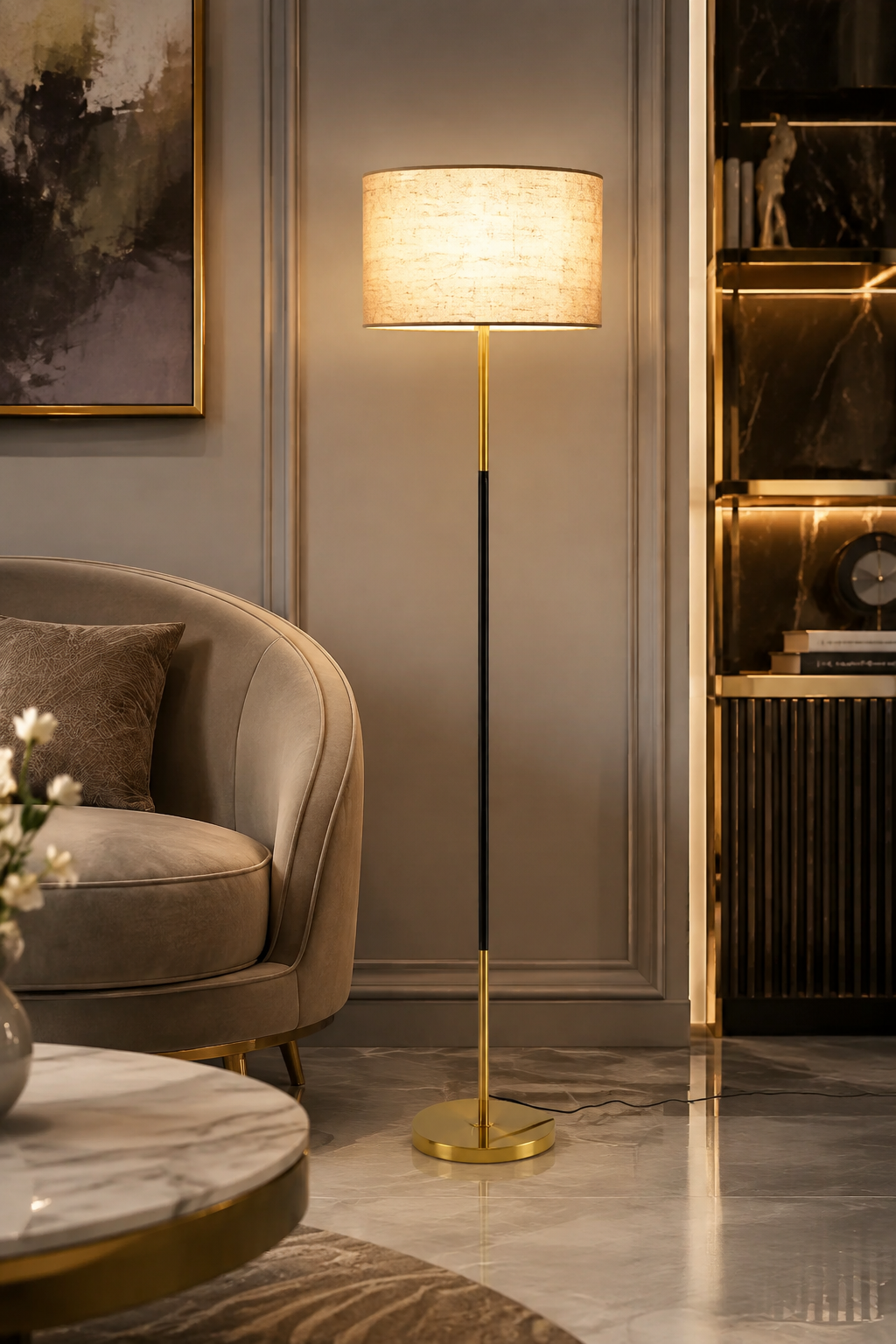 Modern Fabric Shade Floor Lamp with Iron Base