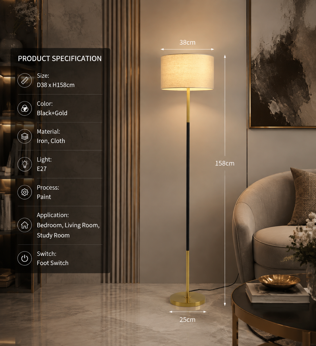 Modern Fabric Shade Floor Lamp with Iron Base