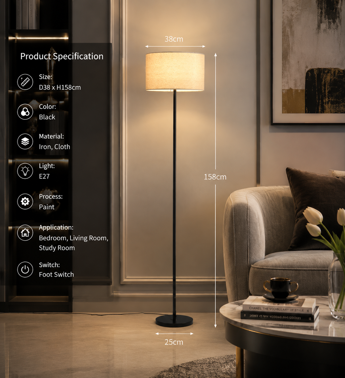 Modern Fabric Shade Floor Lamp with Iron Base