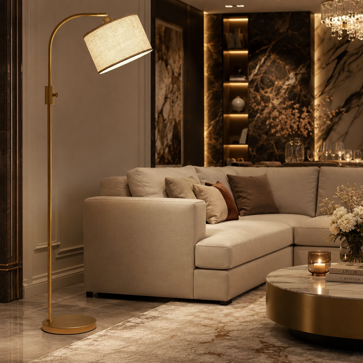 Gold Arc Floor Lamp | Fully Dimmable 1200-Lumen LED with Linen Shade