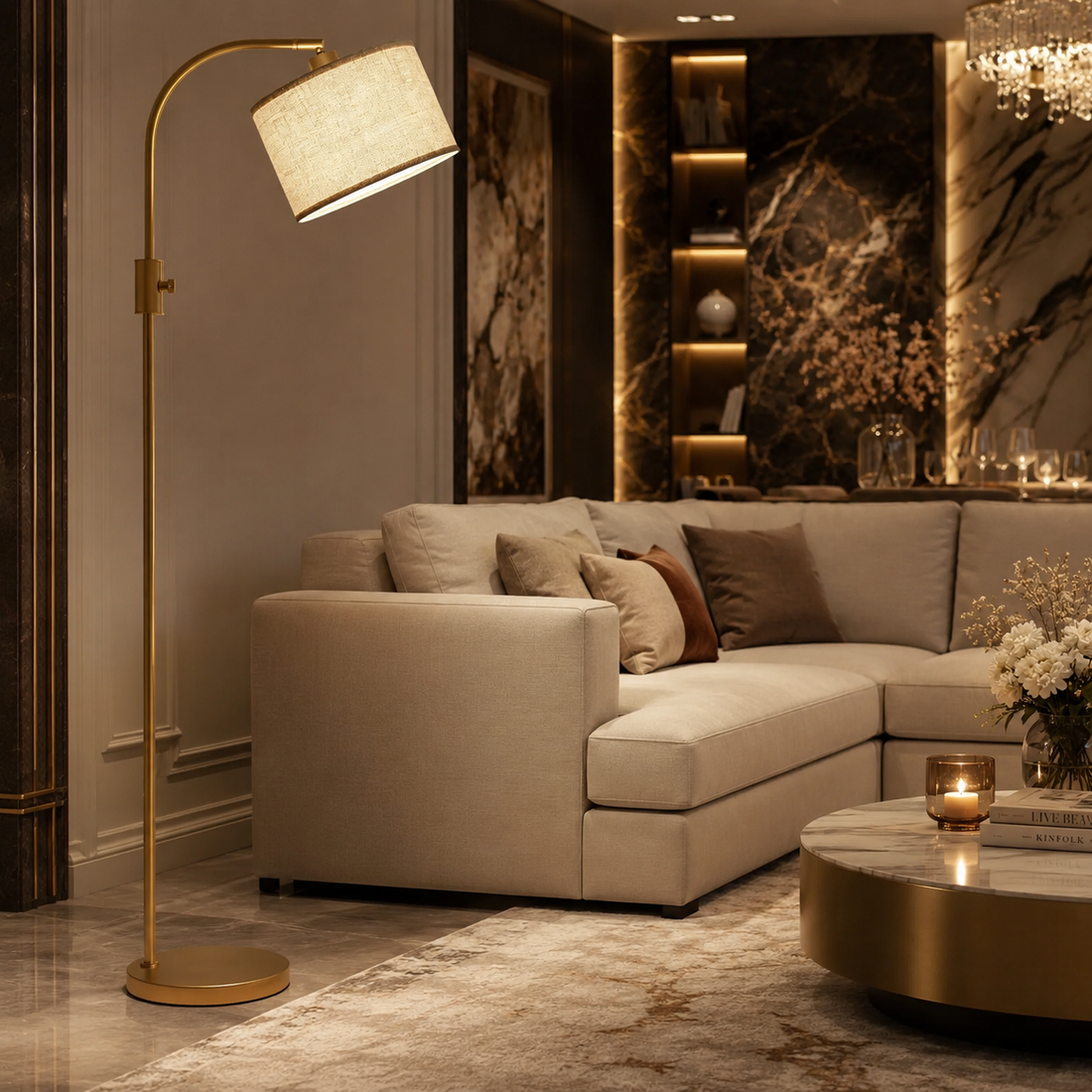 Gold Arc Floor Lamp | Fully Dimmable 1200-Lumen LED with Linen Shade