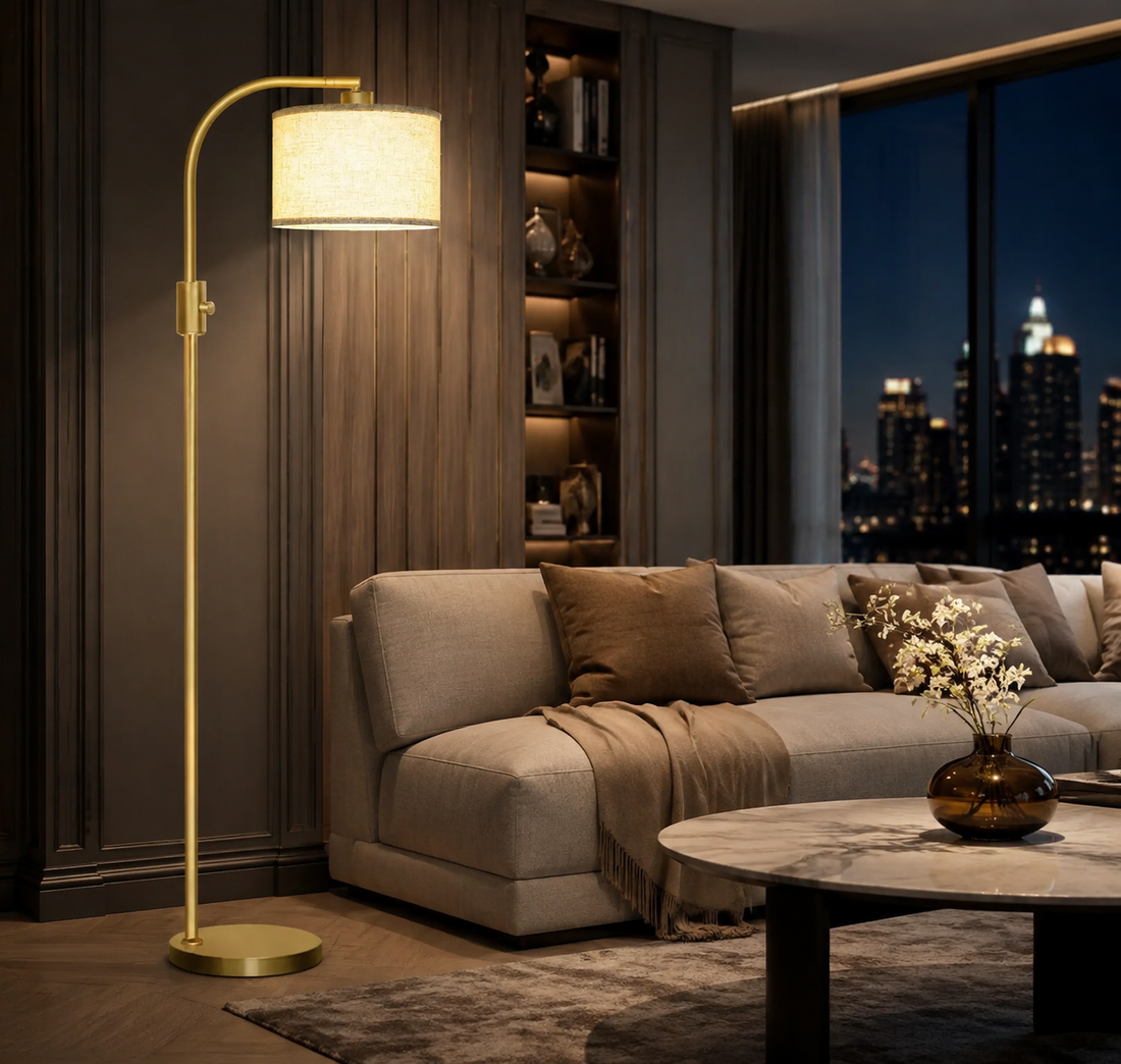 Gold Arc Floor Lamp | Fully Dimmable 1200-Lumen LED with Linen Shade