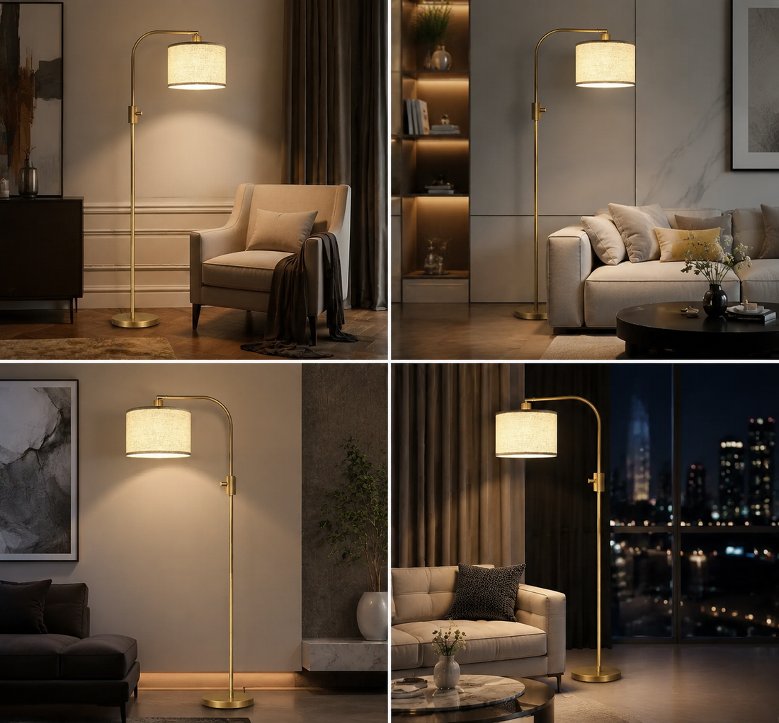 Gold Arc Floor Lamp | Fully Dimmable 1200-Lumen LED with Linen Shade