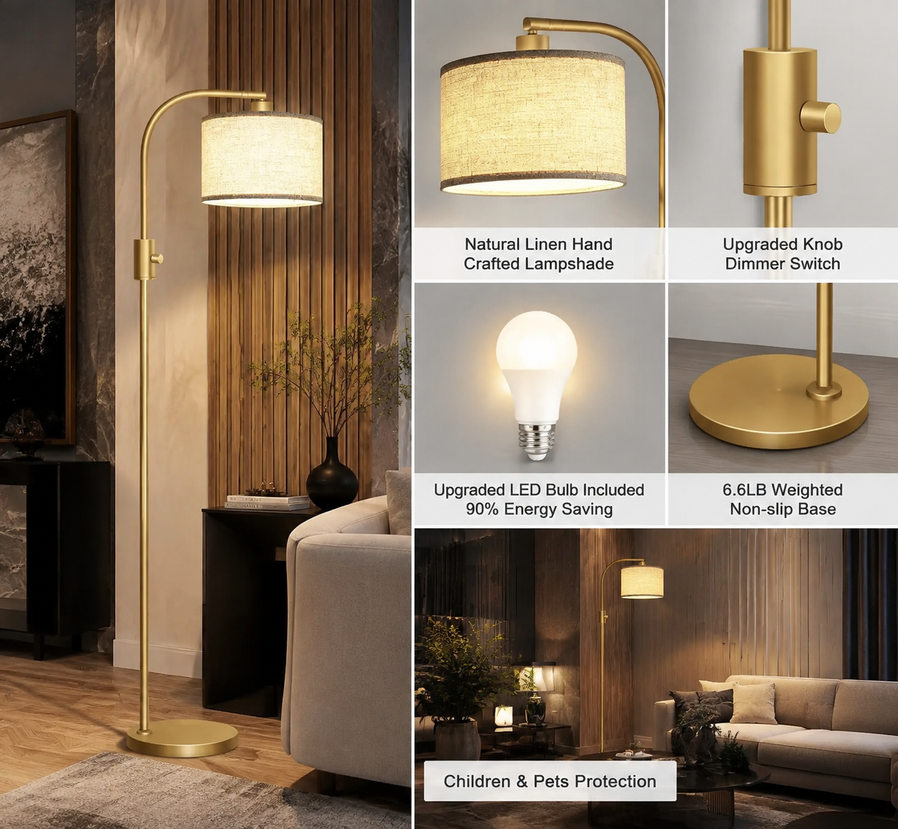 Gold Arc Floor Lamp | Fully Dimmable 1200-Lumen LED with Linen Shade