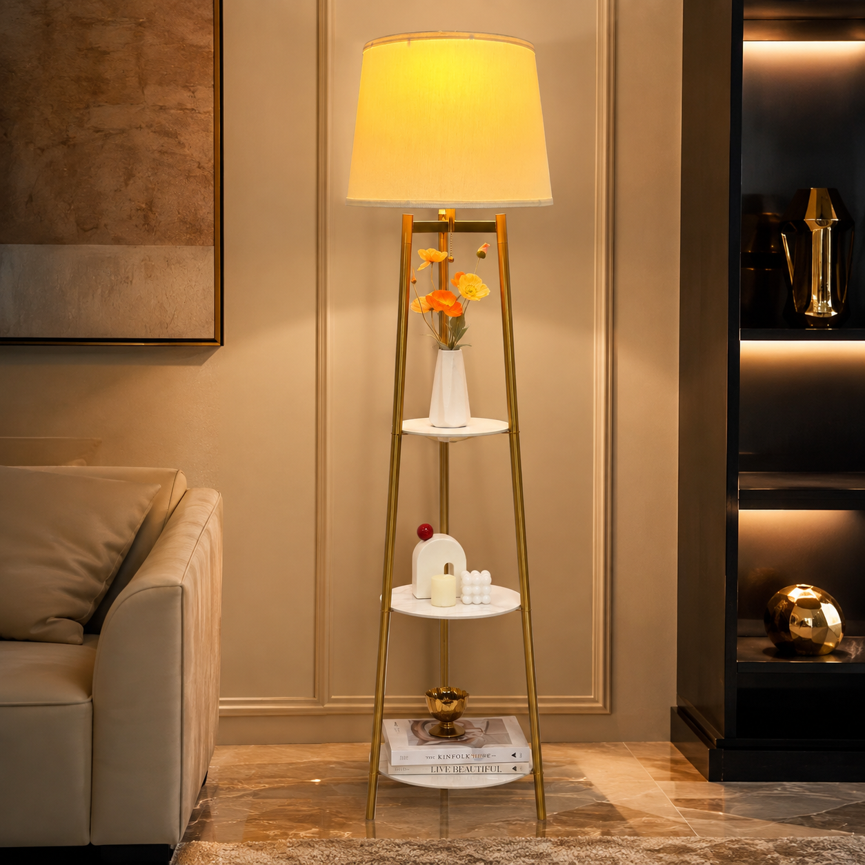 Gold Tripod Floor Lamp with Sintered Stone Shelves