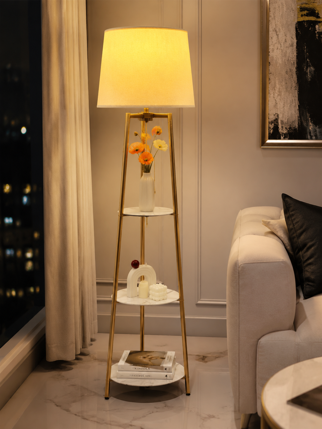 Gold Tripod Floor Lamp with Sintered Stone Shelves