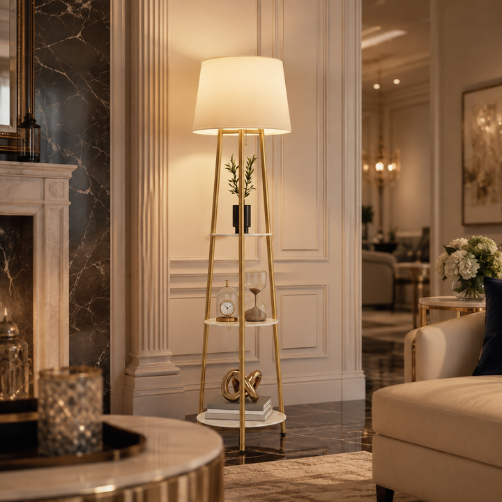 Gold Tripod Floor Lamp with Sintered Stone Shelves