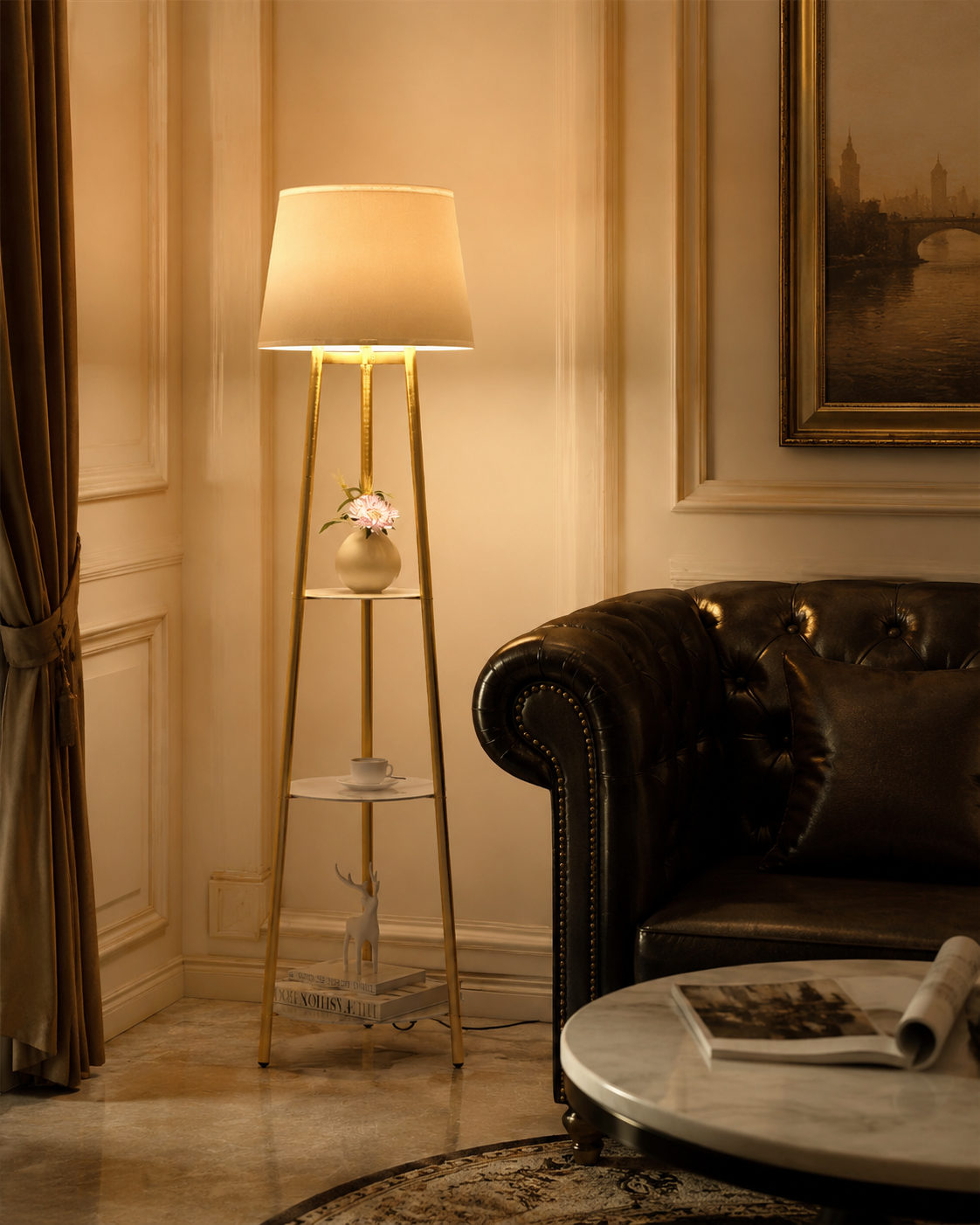 Gold Tripod Floor Lamp with Sintered Stone Shelves