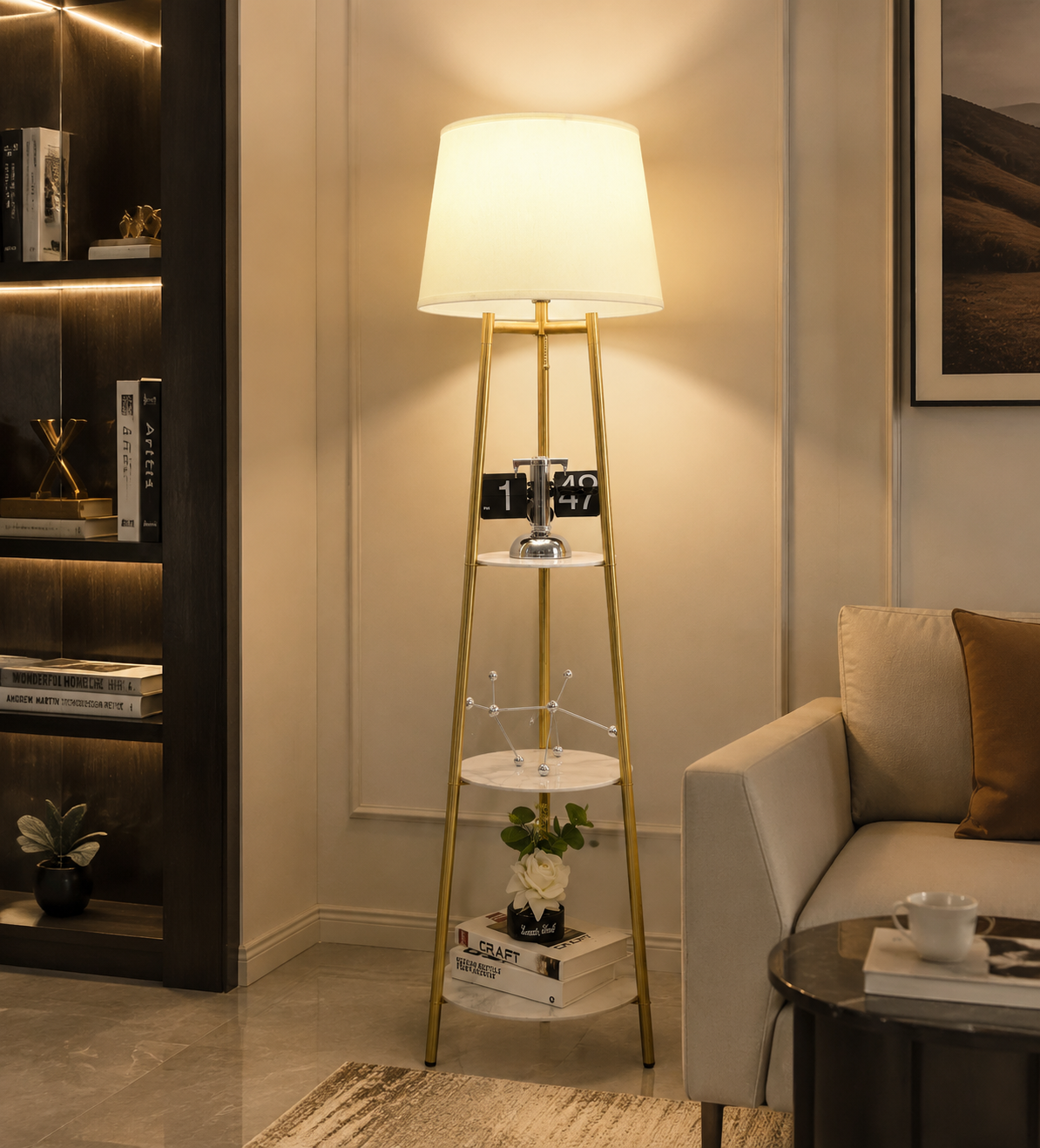 Gold Tripod Floor Lamp with Sintered Stone Shelves