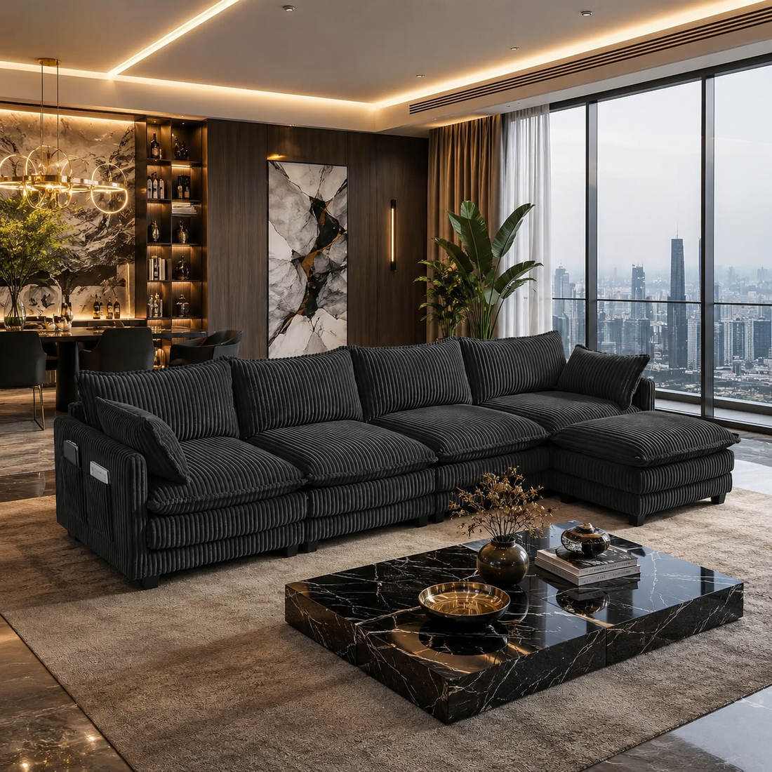 Cloud-Style Corduroy L-Shaped Sectional Sofa