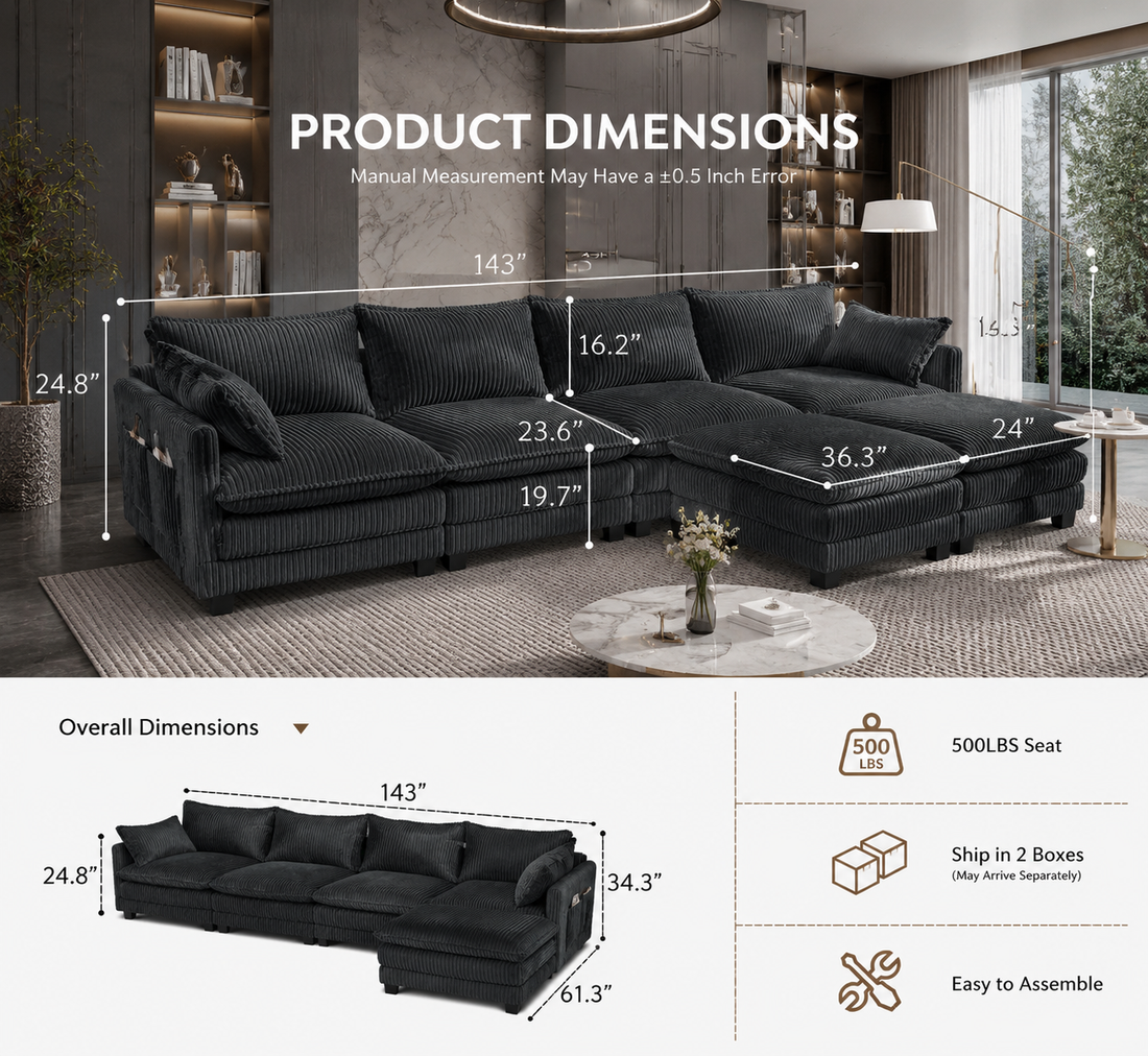 Cloud-Style Corduroy L-Shaped Sectional Sofa