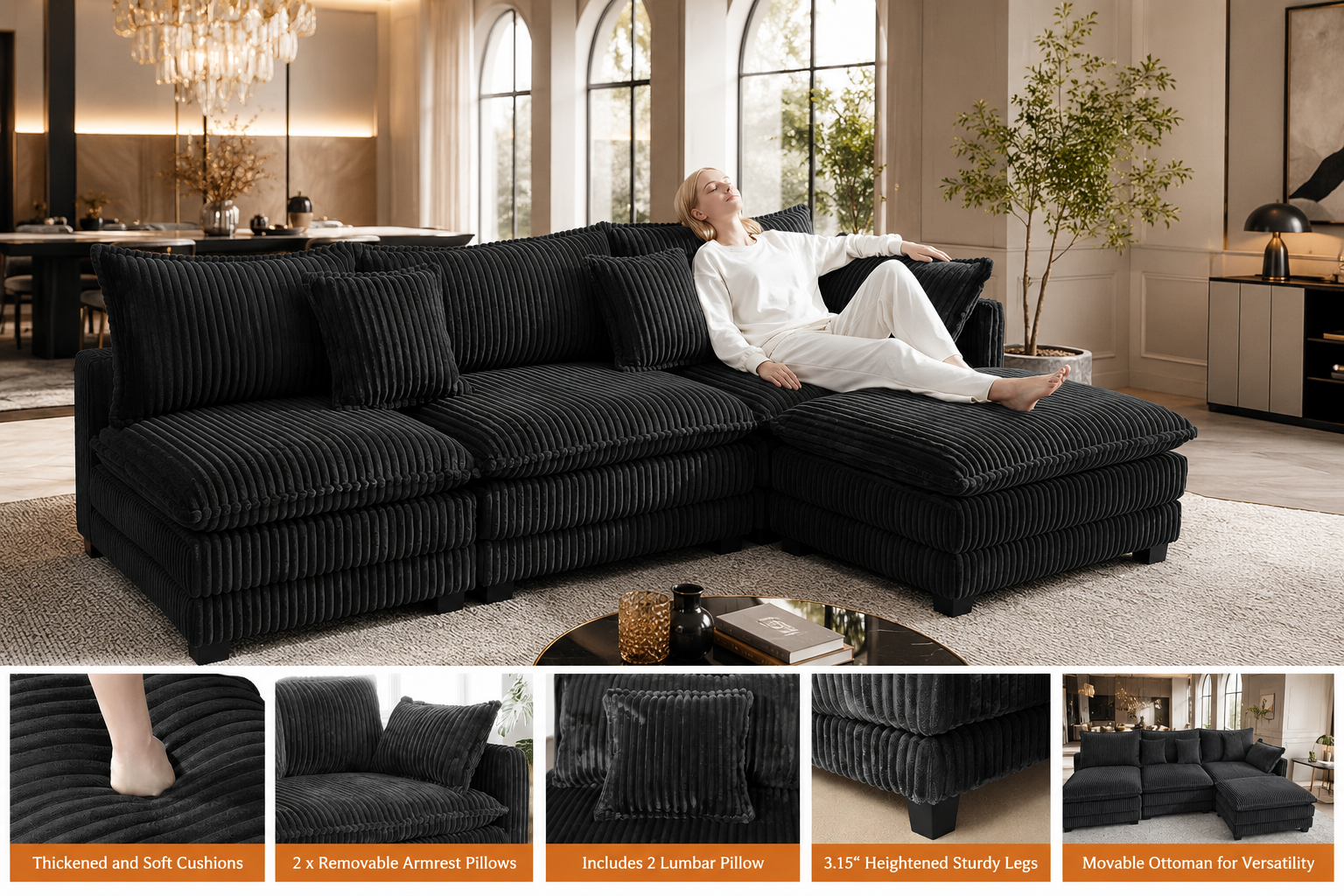 Cloud-Style Corduroy L-Shaped Sectional Sofa
