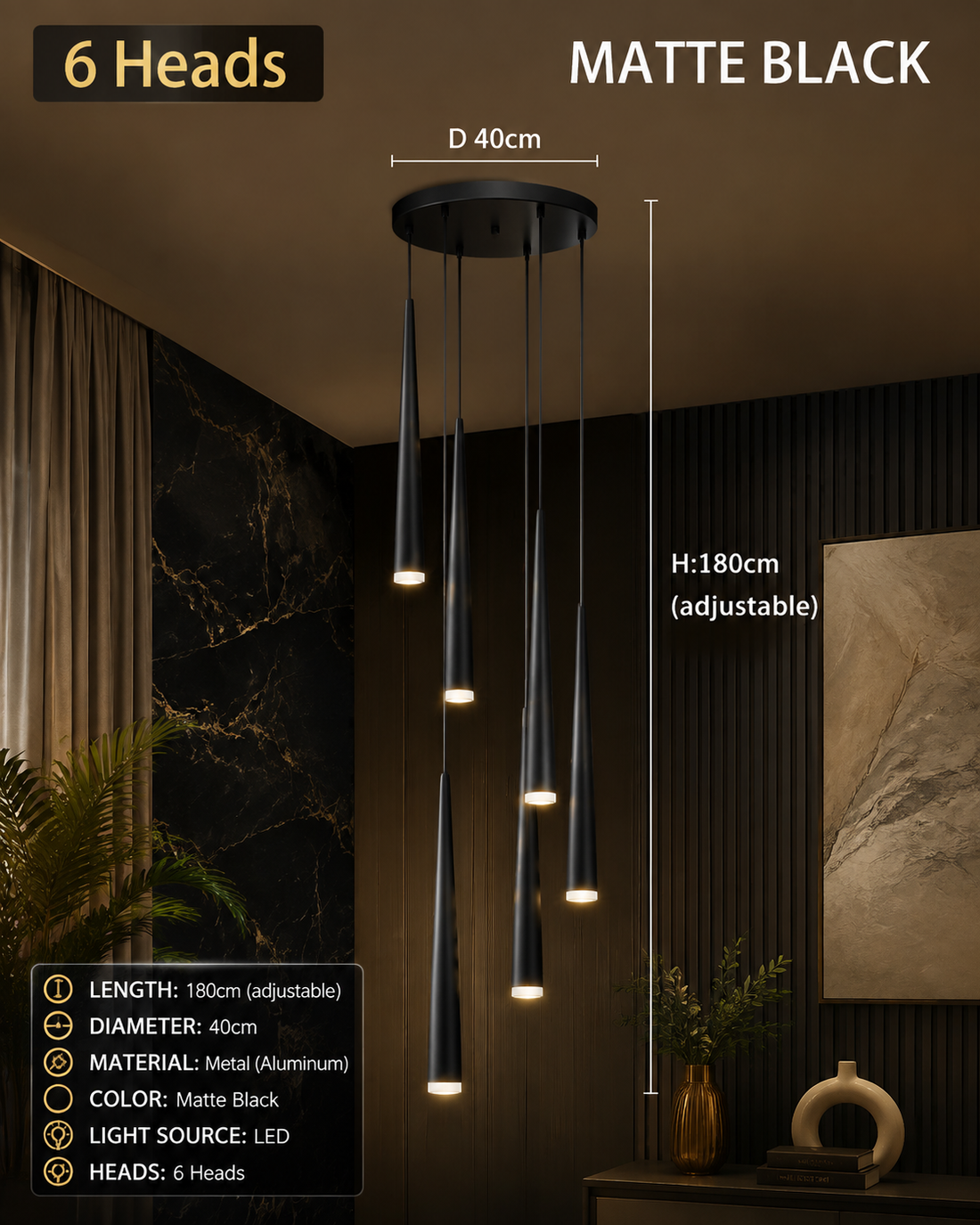 Modern LED Crystal Staircase Chandelier in Black & Gold