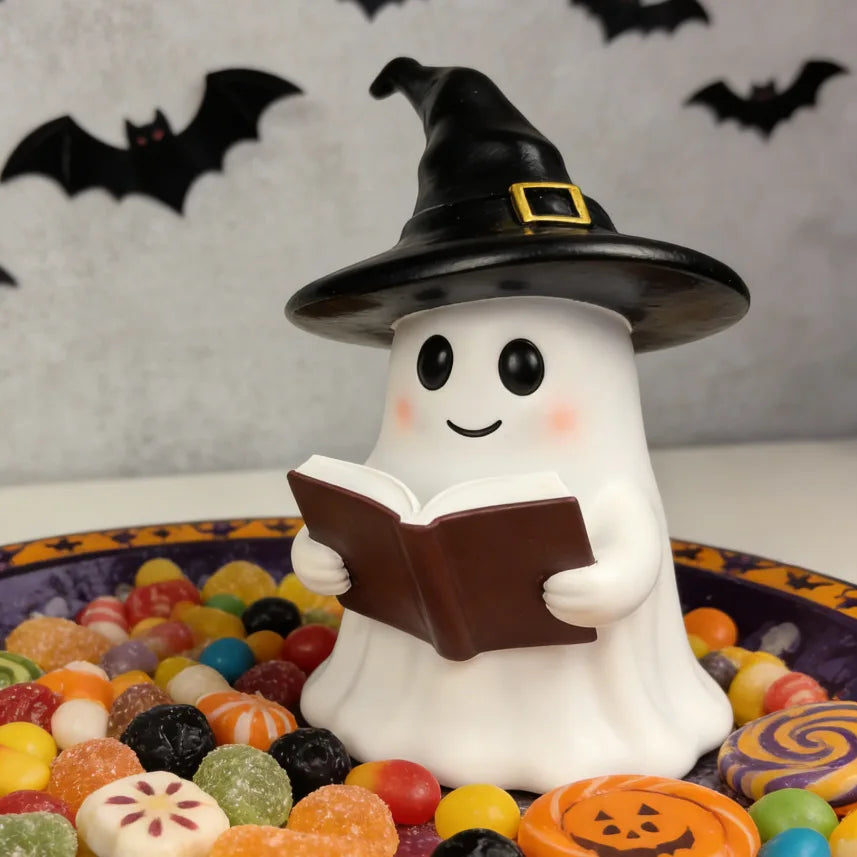 Ghost Reading Statue with Witch Hat – Halloween Tabletop Décor