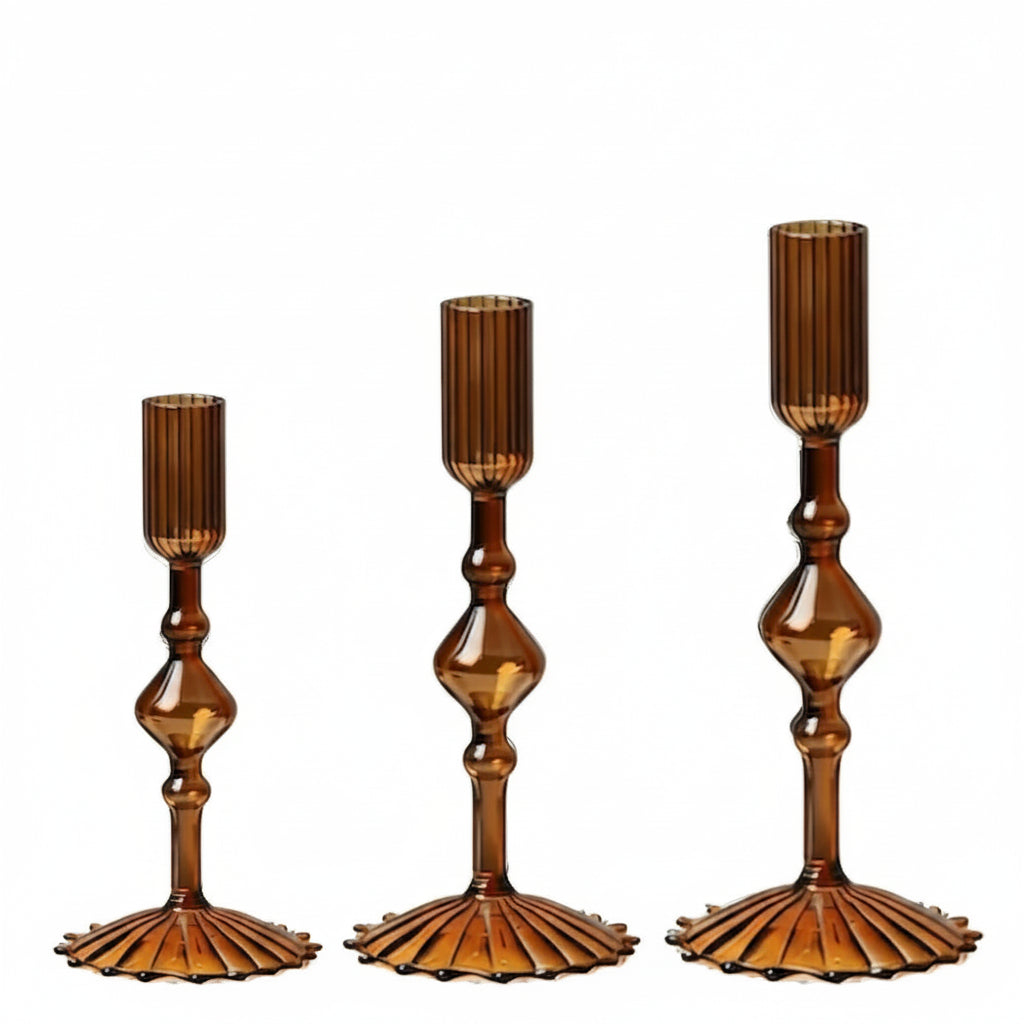 Glass Taper Candlestick Holders | Set of 3 Handmade Groovy & Wavy Styles for Home & Events