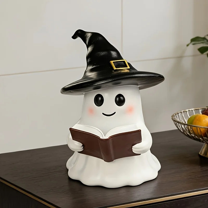 Ghost Reading Statue with Witch Hat – Halloween Tabletop Décor